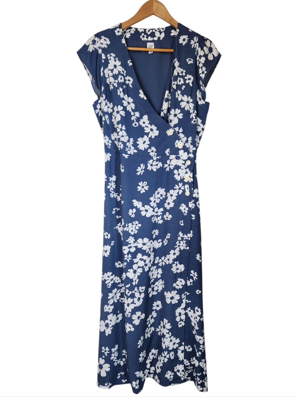 GAP Midi Floral Wrap Dress Cornflower Blue & White Womens 10